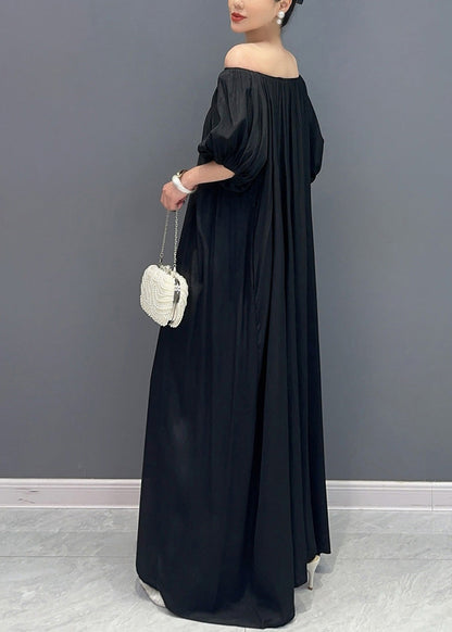 Robe longue simple noire en coton à épaules dénudées et col bateau pour l'été AY1014