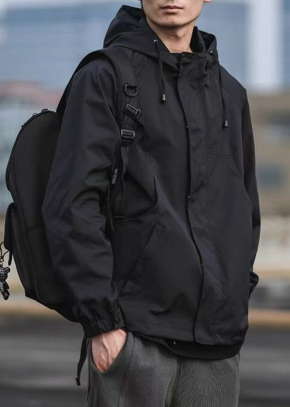 Manteau simple à capuche en coton uni avec poches noires pour homme, printemps