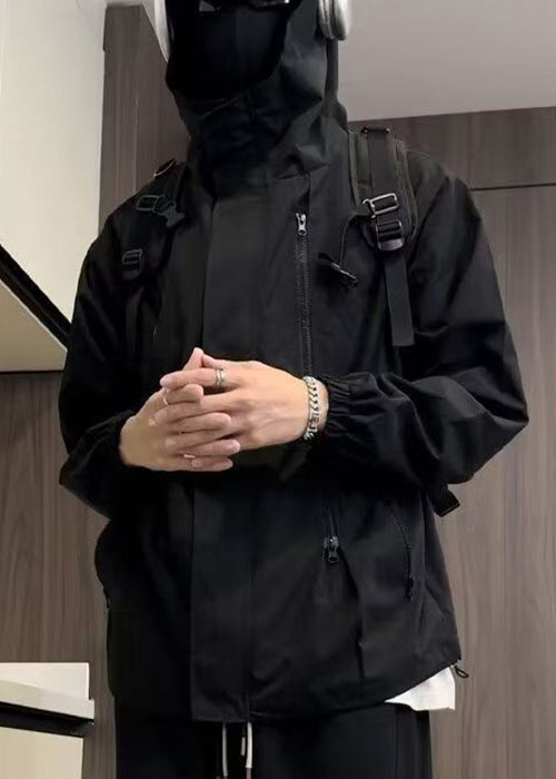 Manteau à capuche simple et surdimensionné en coton noir pour homme, fermeture éclair, printemps