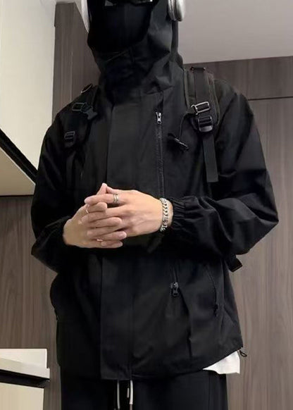 Manteau à capuche simple et surdimensionné en coton noir pour homme, fermeture éclair, printemps