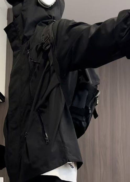 Manteau à capuche simple et surdimensionné en coton noir pour homme, fermeture éclair, printemps