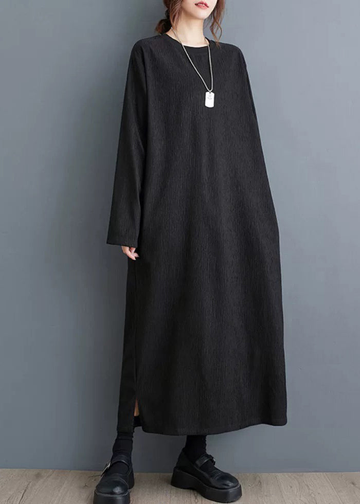 Simple Black O Neck Plus Size Cotton Long Dress Fall OO033