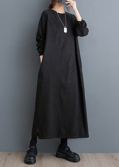 Robe longue simple noire à col rond en coton grande taille pour l'automne OO033