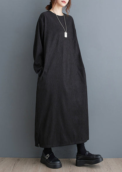 Robe longue simple noire à col rond en coton grande taille pour l'automne OO033