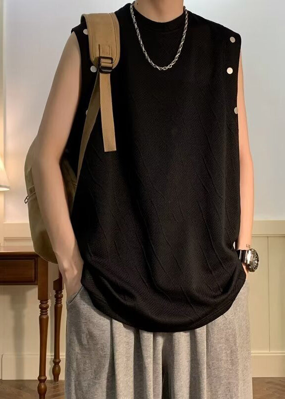 Chemises en coton à col rond sans manches pour hommes, couleur unie, simple, noire