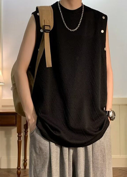 Chemises en coton à col rond sans manches pour hommes, couleur unie, simple, noire