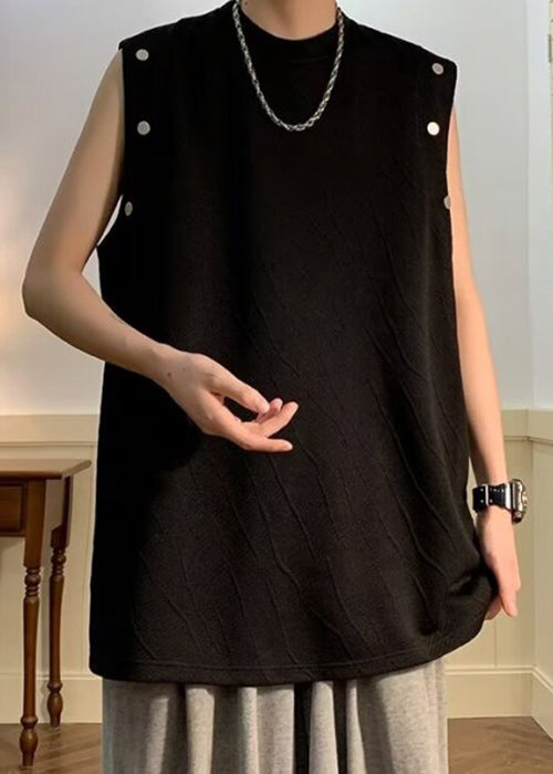 Chemises en coton à col rond sans manches pour hommes, couleur unie, simple, noire