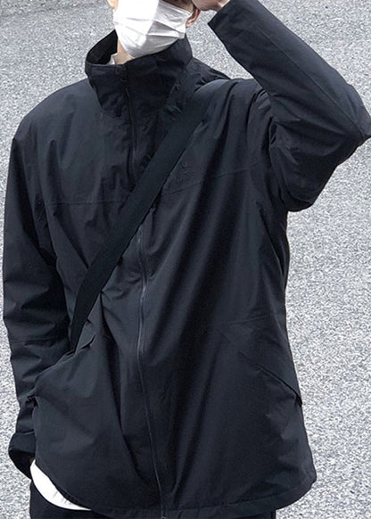 Mantel Herren Einfarbig Reißverschluss Frühling Einfach Baumwolle Kragen Stehkragen Schwarz