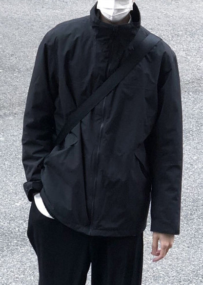 Mantel Herren Einfarbig Reißverschluss Frühling Einfach Baumwolle Kragen Stehkragen Schwarz