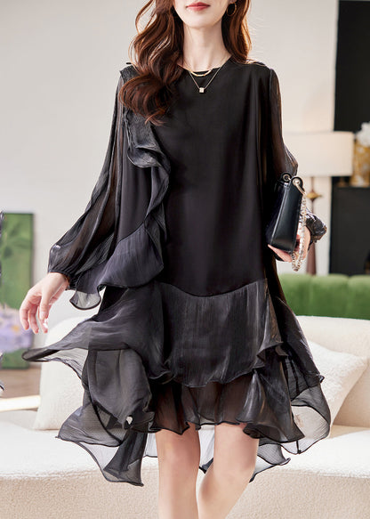 Schwarzes Kleid Laterne Patchwork Mittel Einfach Urlaub Ärmel Tüll