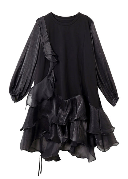 Schwarzes Kleid Laterne Patchwork Mittel Einfach Urlaub Ärmel Tüll