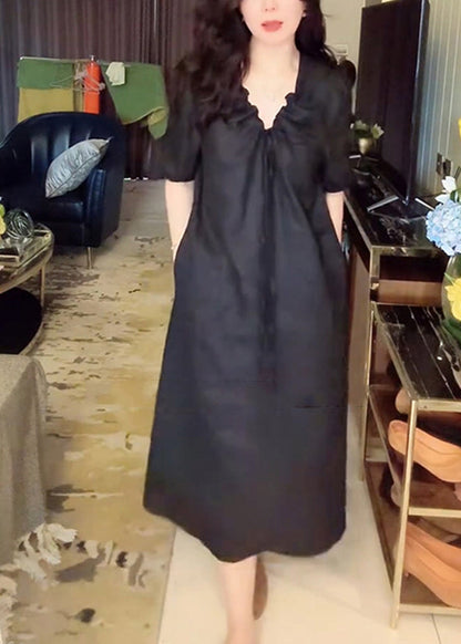 Up Simple Pockets Black Long Dress Lace V Neck Linen Summer