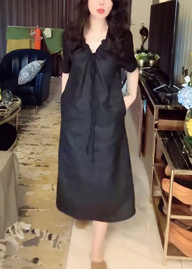 Up Simple Pockets Black Long Dress Lace V Neck Linen Summer