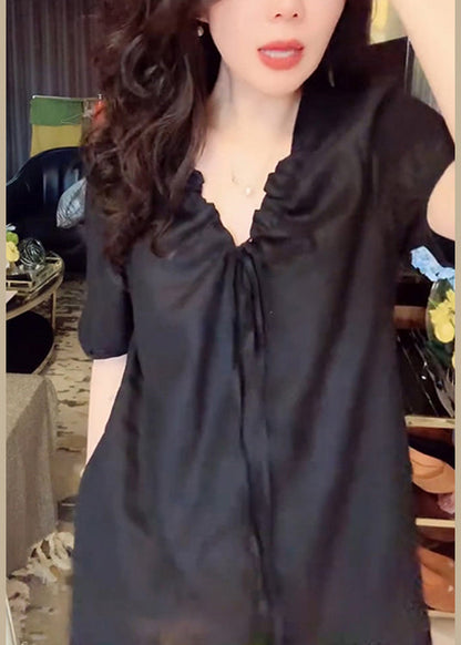 Up Simple Pockets Black Long Dress Lace V Neck Linen Summer