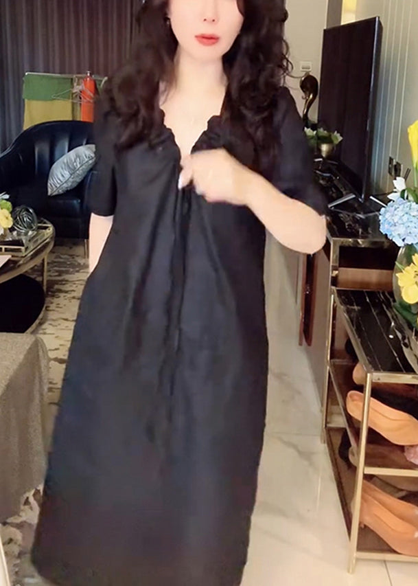 Up Simple Pockets Black Long Dress Lace V Neck Linen Summer