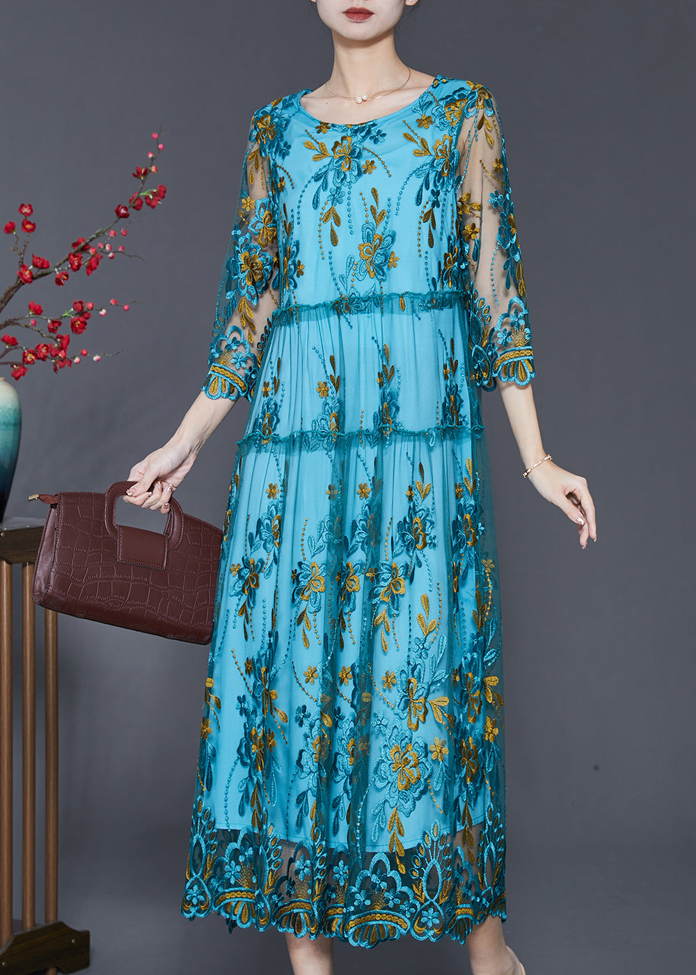 Simple Blue Embroidered Tulle Vacation Dresses Summer SD1088