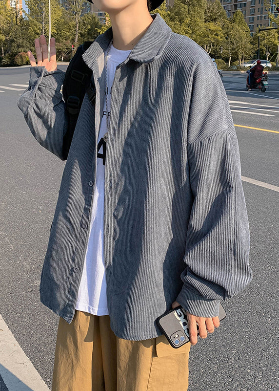 Einfache Kragen Peter Shirts Cord Taste Blau Mantel Herren Pan