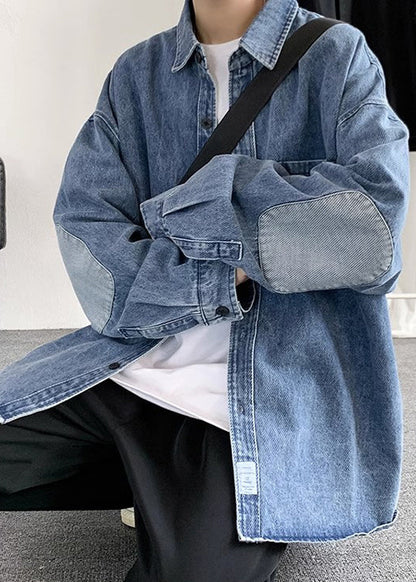 Herren Kragen Denim Patchwork Blau Einfache Peter