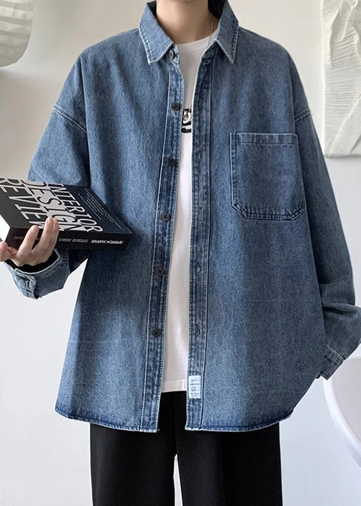 Herren Kragen Denim Patchwork Blau Einfache Peter