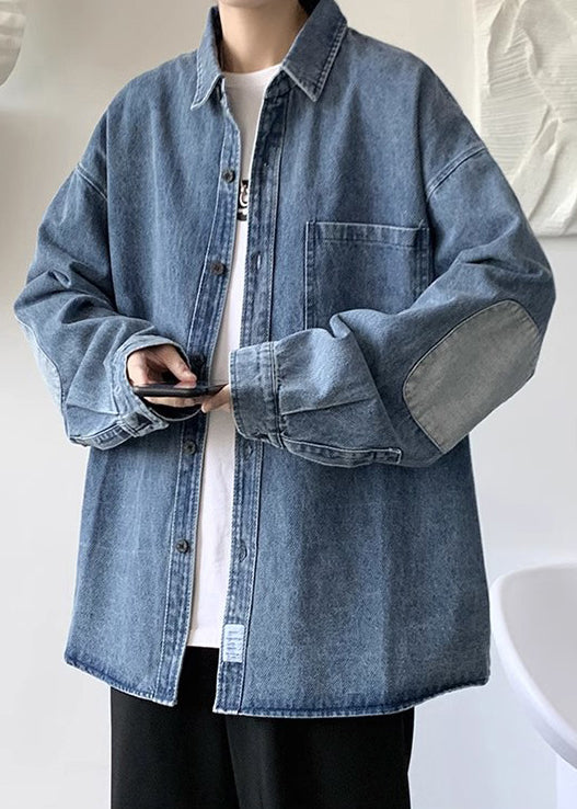 Herren Kragen Denim Patchwork Blau Einfache Peter