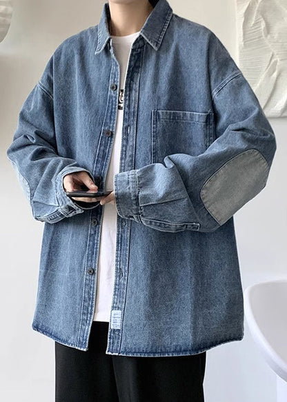 Herren Kragen Denim Patchwork Blau Einfache Peter