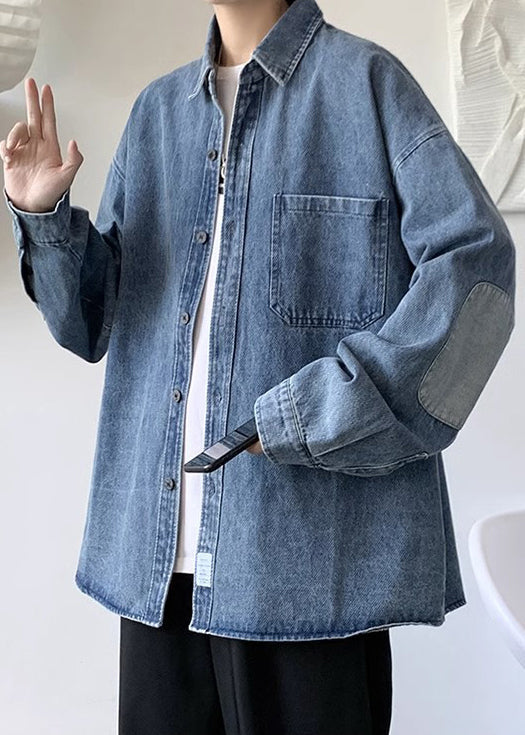 Herren Kragen Denim Patchwork Blau Einfache Peter