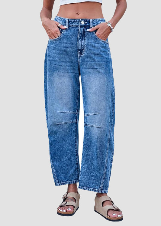 Pantalon d'été simple en jean taille haute avec poches courtes bleues