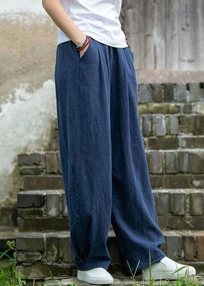 Pantalon en lin uni à poches bleues simples pour l'été QE022