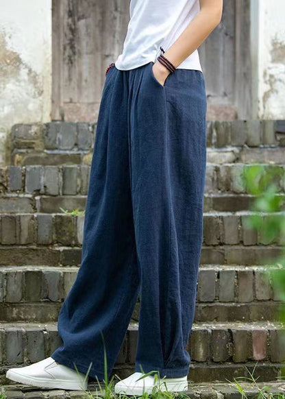 Pantalon en lin uni à poches bleues simples pour l'été QE022