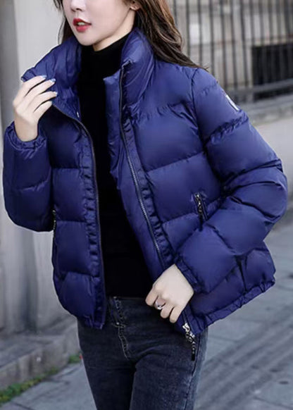 Manteau d'hiver simple bleu à col montant et fermeture éclair WL012