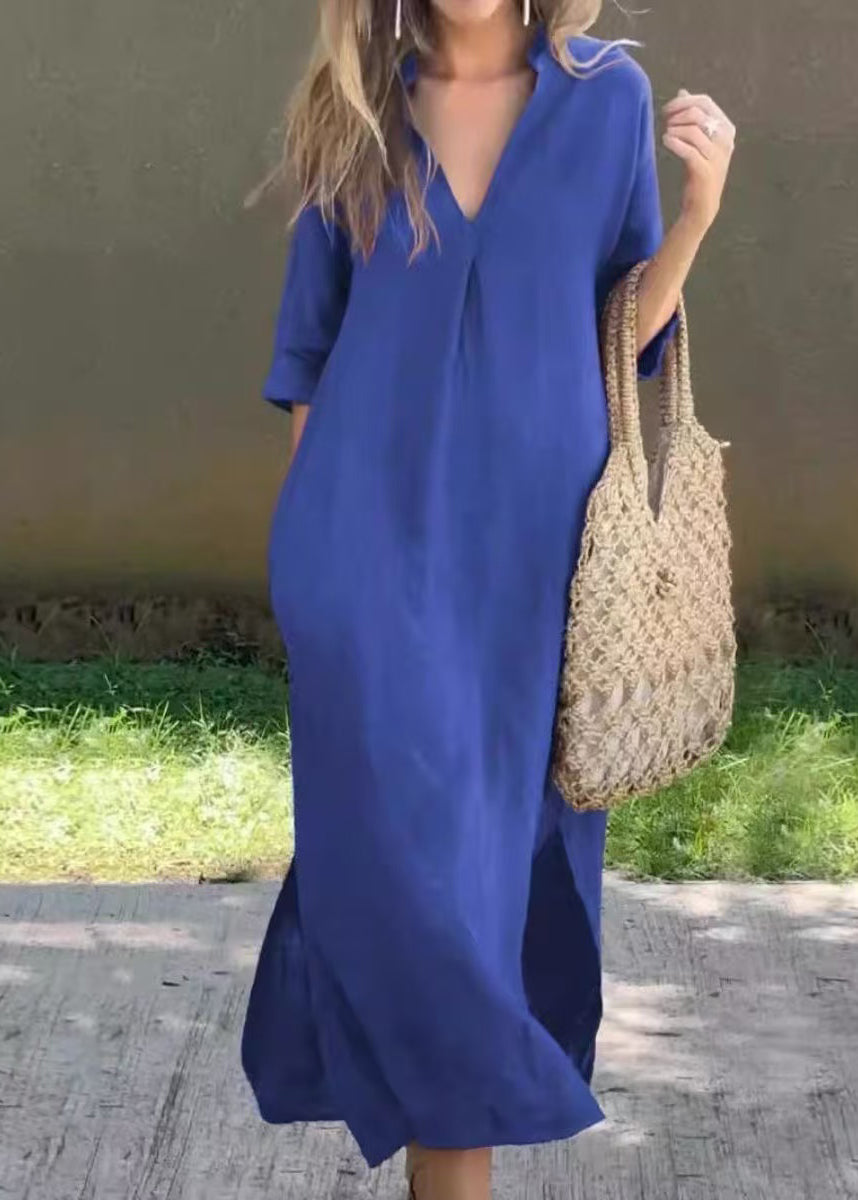 Kleid Einfaches Leinen Sommer Blau V Seitlich Offener Hals Lang