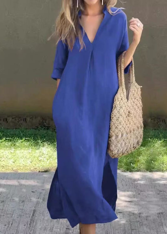 Kleid Einfaches Leinen Sommer Blau V Seitlich Offener Hals Lang