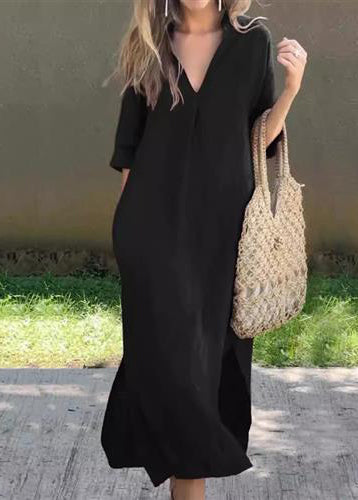 Kleid Einfaches Leinen Sommer Blau V Seitlich Offener Hals Lang