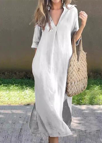 Kleid Einfaches Leinen Sommer Blau V Seitlich Offener Hals Lang