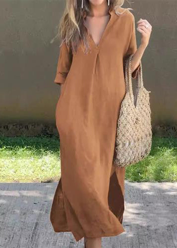 Kleid Einfaches Leinen Sommer Blau V Seitlich Offener Hals Lang