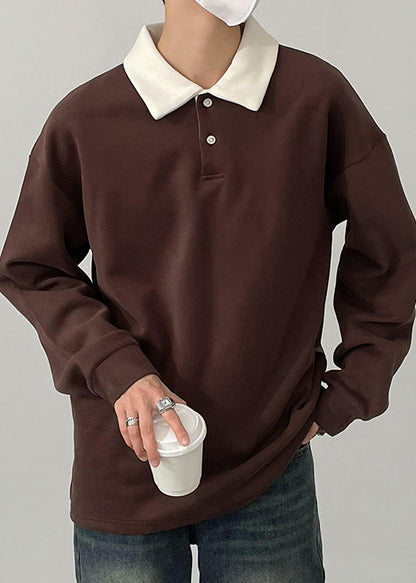 TC023 Chemise simple boutonnée en coton printemps marron pour homme, polo patchwork