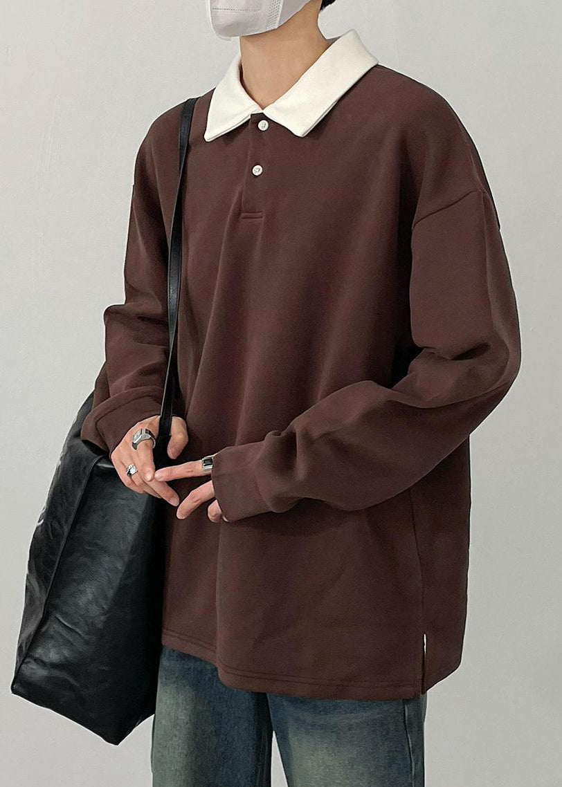TC023 Chemise simple boutonnée en coton printemps marron pour homme, polo patchwork