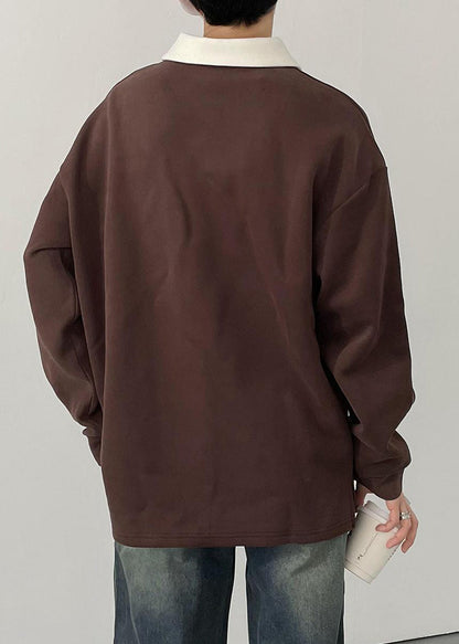 TC023 Chemise simple boutonnée en coton printemps marron pour homme, polo patchwork