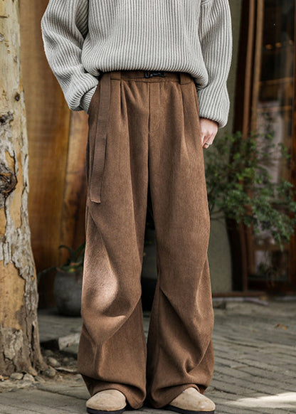 Pantalon simple marron taille haute en velours côtelé polaire chaud pour homme, poches, printemps RM023