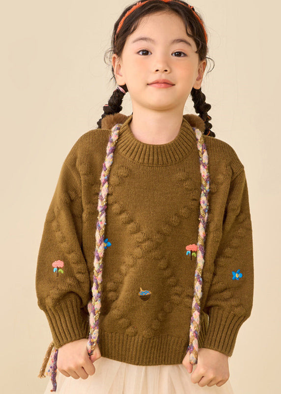 Pull en tricot de coton épais imprimé marron simple pour fille à manches bouffantes WL041