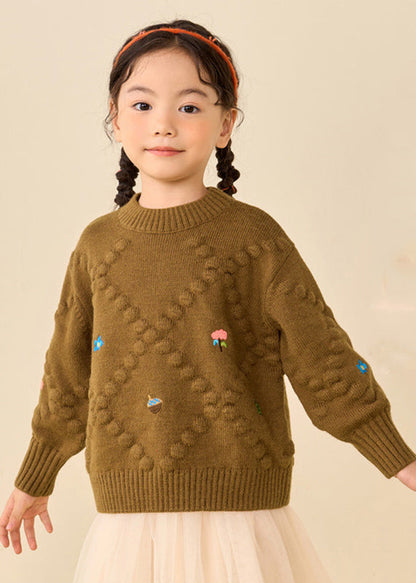 Pull en tricot de coton épais imprimé marron simple pour fille à manches bouffantes WL041