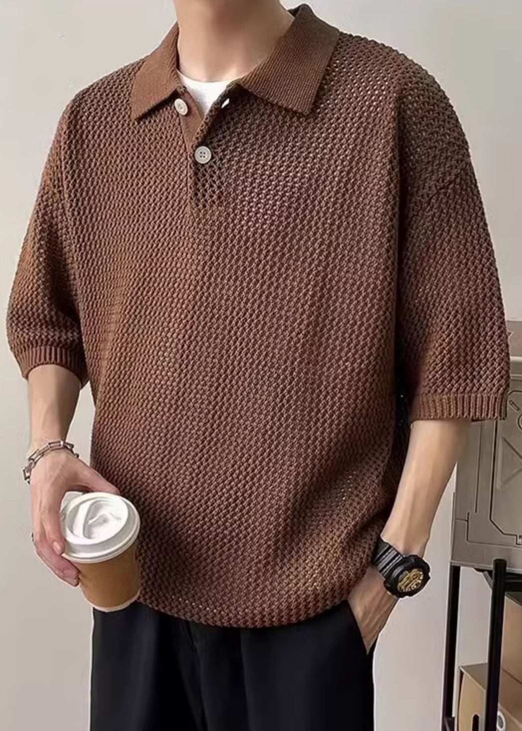 Polo Summer Shirts Men Button Coffee Hollow Out Knit Simple