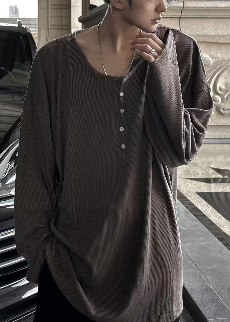 Chemises en coton pour hommes, col boutonné, simple, couleur unie, couleur café
