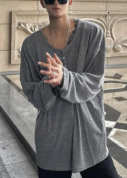 Chemises en coton pour hommes, col boutonné, simple, couleur unie, couleur café