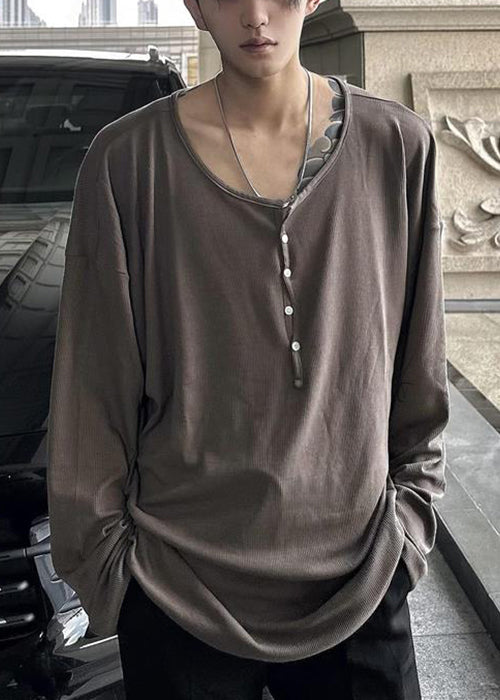 Chemises en coton pour hommes, col boutonné, simple, couleur unie, couleur café