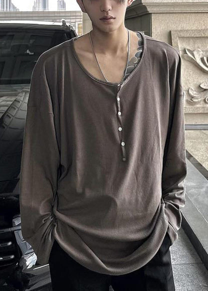 Chemises en coton pour hommes, col boutonné, simple, couleur unie, couleur café