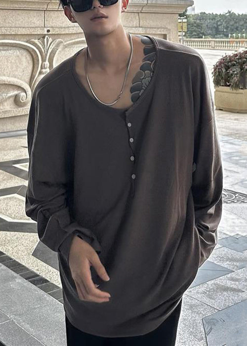 Chemises en coton pour hommes, col boutonné, simple, couleur unie, couleur café