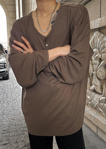 Chemises en coton pour hommes, col boutonné, simple, couleur unie, couleur café