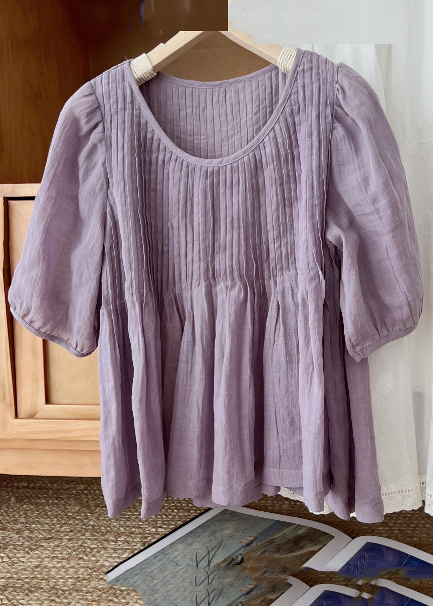 Neck Sleeve Coffee Shirt Simple Linen Wrinkled O Half