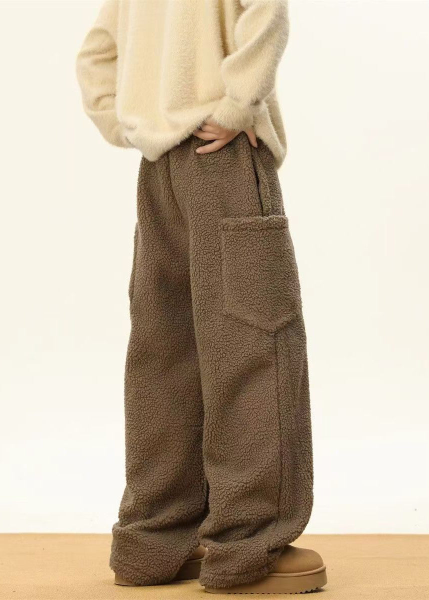 Pantalon simple en fausse fourrure pour homme, avec poches à café, taille élastique, RM022